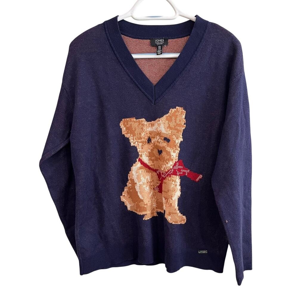 Jones New York Signature Dog Sweater Navy V Neck Knit Pullover‎ Womens Med